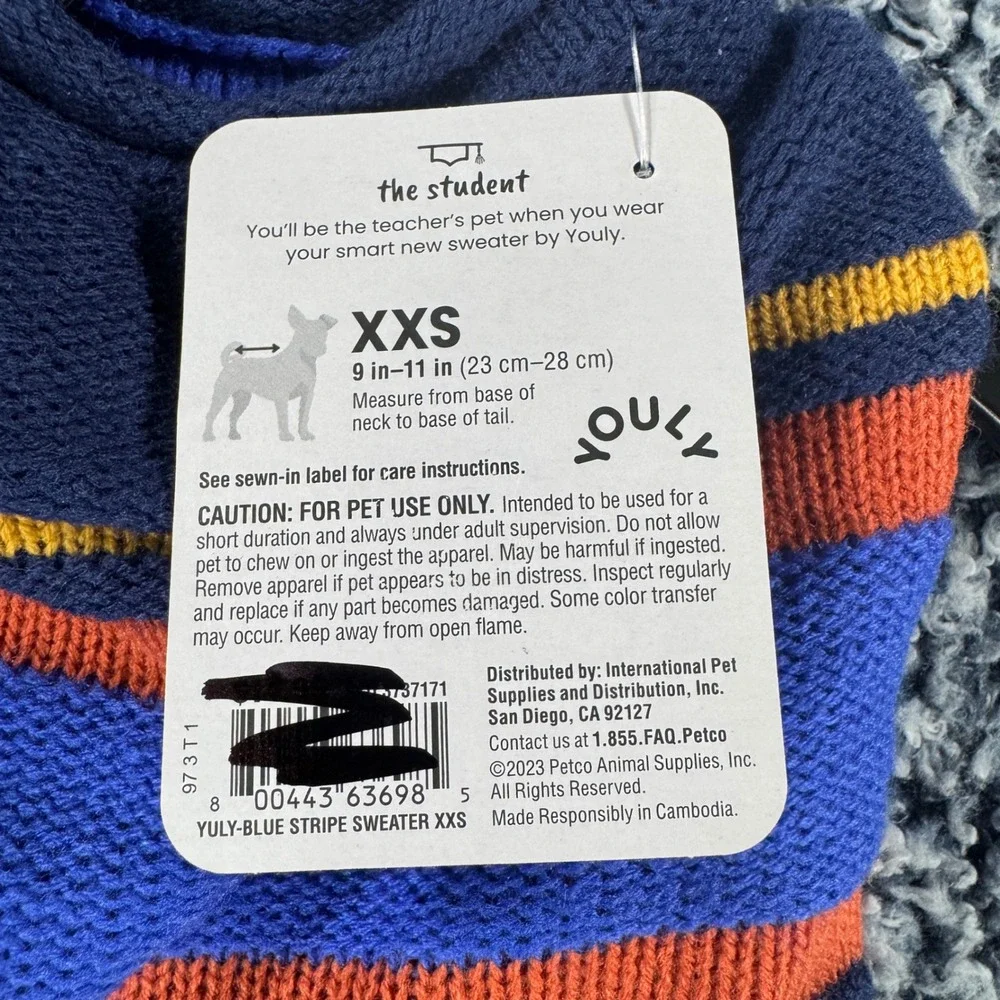 Youly The Student Pet Sweater Blue Striped Knit Dog Clothes XXS NWT